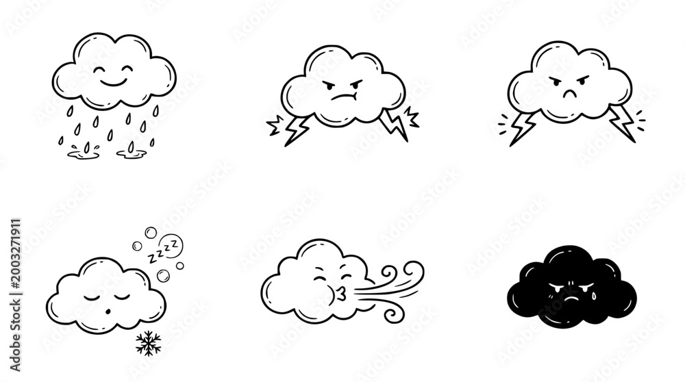 Obraz premium Cute Weather Icons Line Art Collection of Emotive Clouds