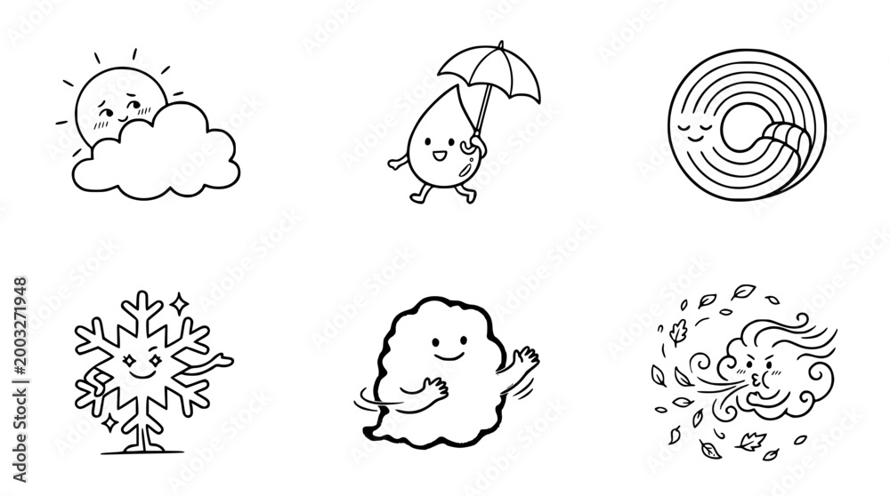 Obraz premium Adorable Weather Elements: Kawaii Line Art for Every Season