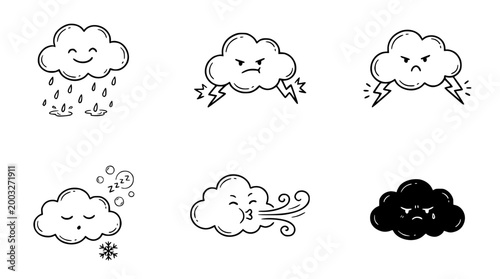 Cute Weather Icons Line Art Collection of Emotive Clouds