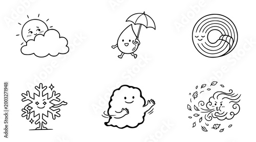 Adorable Weather Elements: Kawaii Line Art for Every Season