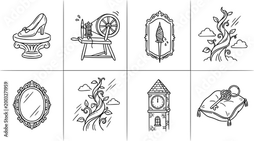 Charming line art featuring fairy tale items and elements.