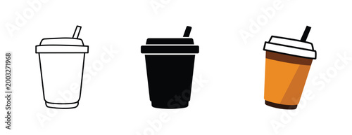 Coffee Cup with Straw Vector Icon Set in Outline and Solid Styles for Café and UI Design