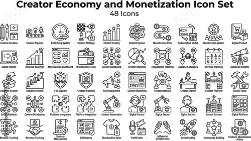 Creator Economy and Monetization Icon Set Featuring Content Strategy, Revenue Tracking, Subscriptions, Analytics and Digital Platform Growth Concepts