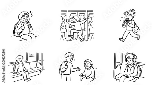 Cute sketch of daily activities in a kawaii line art style.