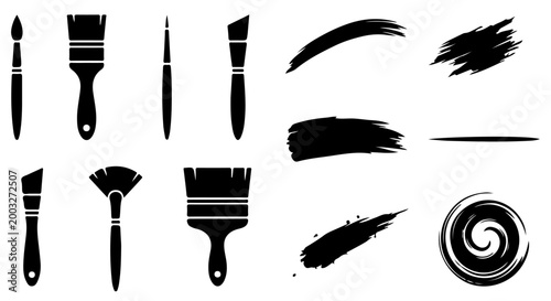 Fotografía Artist paint brushes and ink stroke silhouettes vector collection, Minimalist ar