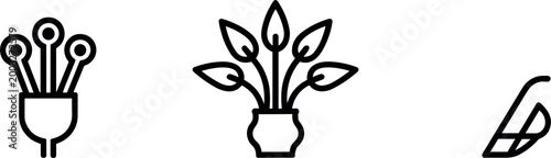 Minimalist houseplant line icon set featuring decorative potted plants, indoor floral arrangements, and stylized leaves for botanical branding, nature-inspired design, and home gardening concepts.