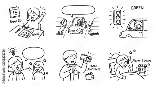 Playful sketches of planning, traffic, and daily multitasking activities.