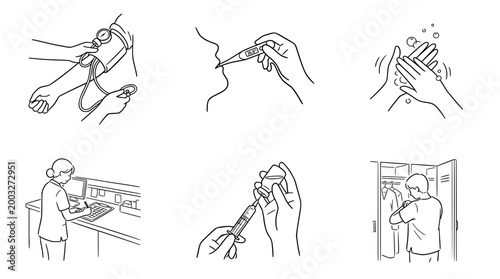 Cute line art featuring essential healthcare routines illustrations