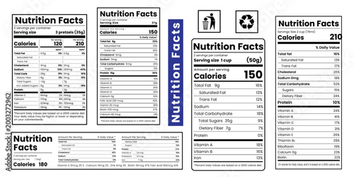 Nutrition Facts,Nutrition Facts Label, Supplement facts, Vitamin Facts,Set of various nutrition facts label templates for food packaging design with calorie and vitamin information included