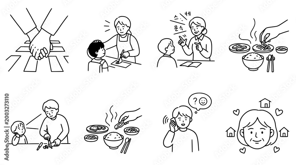 Fototapeta premium Cute line art of cooking activities and family meals illustration.