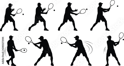 Professional athletic tennis player silhouettes performing dynamic forehand and backhand swings during competitive match