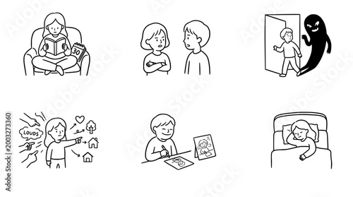 Intriguing line art depicting playful childhood tales and emotions