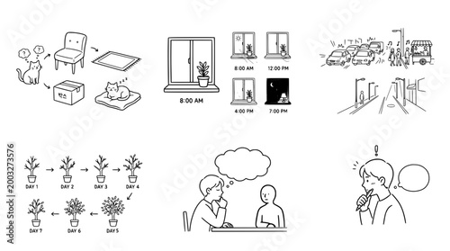 Cute line art showcasing nurturing themes and caring for plants.