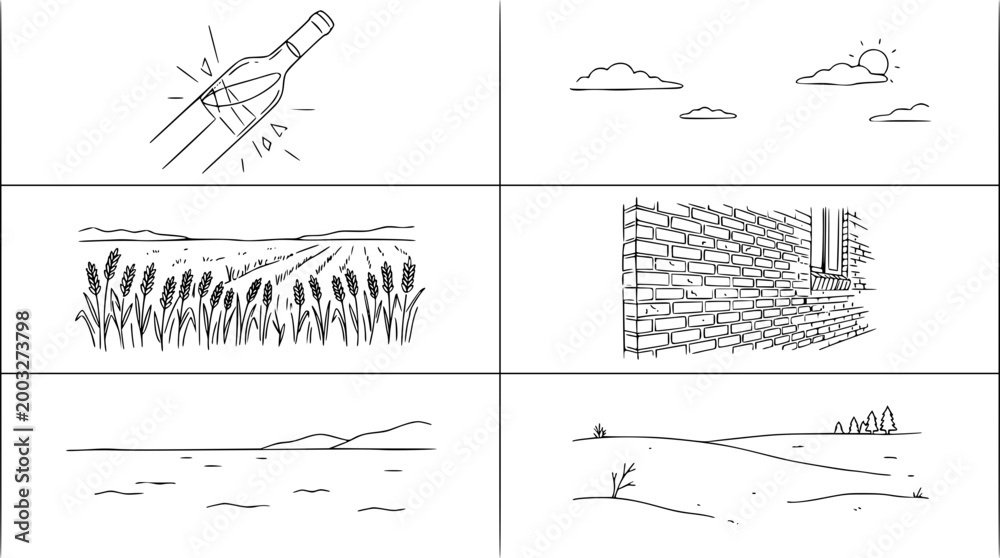 Fototapeta premium Whimsical sketches depicting nature, landscape, and sunset views.