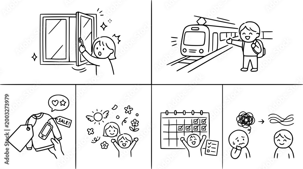 Fototapeta premium Cute Line Art Characters Engaging with Daily Activities Collection