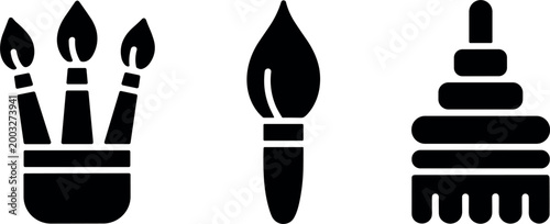 Professional paint brush solid icon set featuring artist brushes in a pot, single paint brush, and flat wide brush for creative arts, painting, and renovation.