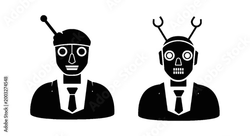 Robotic businessmen with antennae heads.