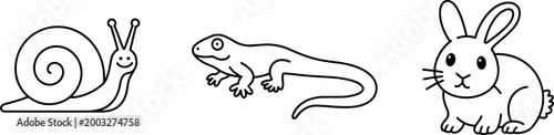 Set of cute animal line art icons featuring a smiling snail lizard and rabbit isolated on white background for kids coloring book and web design projects.