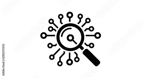 Magnifying glass with circuit lines.