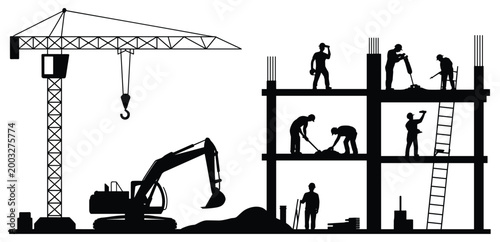 Building Progress: Construction scene with workers and heavy machinery, representing labor and industry. Silhouette building site, crane operations, construction work.