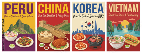 Vintage food travel poster set. Including peru ceviche, china dim sum, korea bbq, and vietnam pho banh mi. Retro vector illustration.