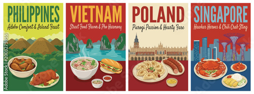 Vintage food travel poster set. Including philippines adobo, vietnam pho, poland pierogi, and singapore chili crab. Retro vector illustration.