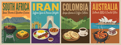 Vintage food travel poster set. Including south africa braai, iran kebab, colombia arepa, and australia bbq prawns. Retro vector illustration.