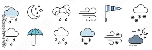 Weather Icons Set: A collection of weather icons, depicting diverse climatic conditions.  climate forecast, meteorology graphic, nature icons, weather forecast icons, seasonal icon set.