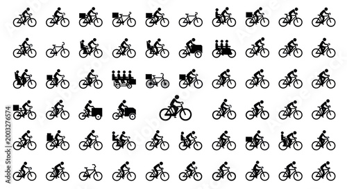 Bicycle Icons Set: Cyclists, Cargo Bikes, and Delivery Service Silhouettes