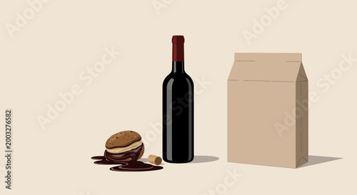 Wine bottle with dessert and takeaway bag