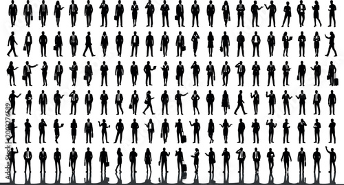 Large collection of professional business person silhouettes in various poses standing and walking isolated on white backgroundLarge collection of professional business person silhouette