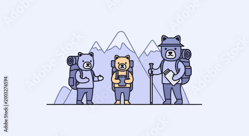 Hiking Bears Illustration with Mountains