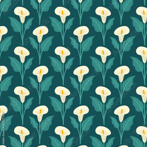 Calla Lily Floral Pattern with Leaves on Dark Background