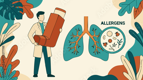 Asthma and Allergy Awareness: Doctor, Inhaler, Lungs, and Allergenic Triggers