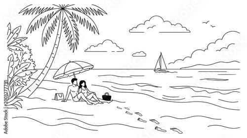 Tropical beach vacation with couple under umbrella and palm trees vector line illustration.