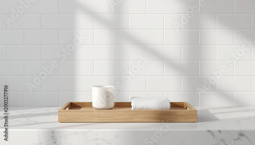 Modern bathroom vanity with minimal spa decor on a marble countertop, soft sunlight
