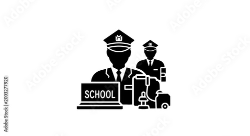 Teachers standing with school objects.