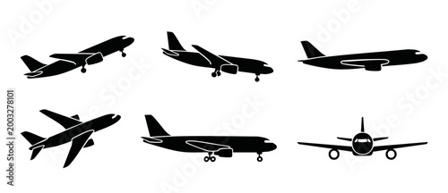 Airplane Silhouette Icon Set, Commercial Jet Aircraft Collection in Various Flying and Landing Positions, Black Simple Vector Graphics for Aviation Industry, Travel and Transportation Design Elements