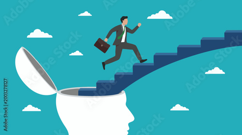 Businessman climbing steps from open head, symbolizing mental growth and success