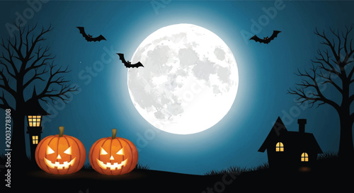 Halloween, spooky night, full moon, jack o lanterns, vector icons