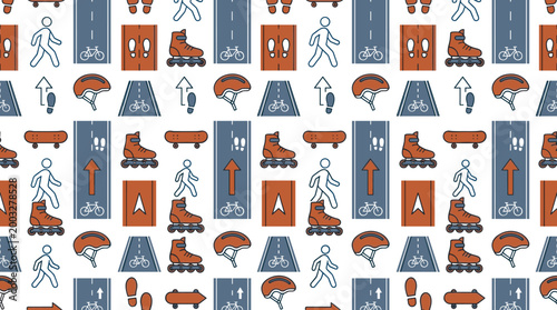 Active travel icons and micromobility symbols arranged in a sophisticated seamless repeating pattern for health and environment