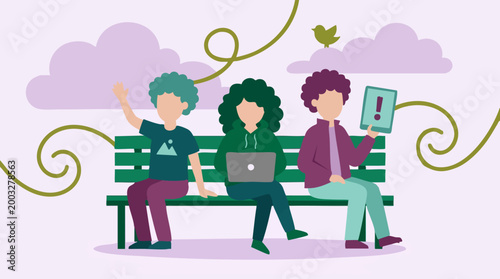Diverse people using digital devices on park bench, flat vector illustration