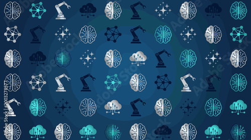 Artificial intelligence concepts and machine learning symbols arranged in a sophisticated seamless repeating pattern for AI