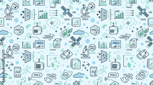 Air quality tracking symbols and particulate matter icons forming a continuous seamless pattern for smart city materials.