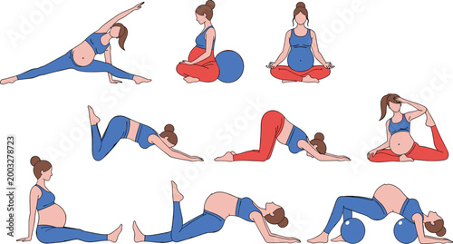 Pregnant Woman Fitness and Yoga Cartoon Vector Set with Prenatal Exercises, Stretching, Stability Ball Workout, and Healthy Maternity Lifestyle Activities for Wellness Design.