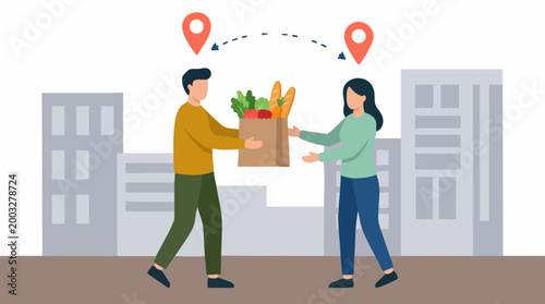 Grocery delivery service from courier to customer in urban setting