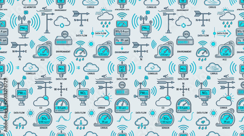 Air pollution monitoring icons and atmospheric science symbols arranged in a seamless repeating pattern for environmental
