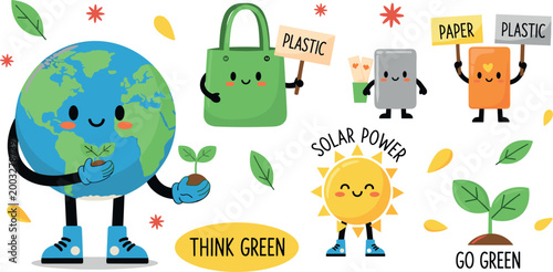Eco-Friendly Character Set Featuring Earth, Solar Power, Recyclable Materials, and Sustainability for Environmental Illustrations