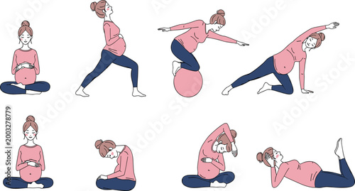 Pregnant Woman Yoga Cartoon Vector Set with Prenatal Meditation, Stretching, Stability Ball Exercises, and Healthy Maternity Fitness Activities for Wellness Design.