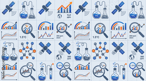 Atmospheric research symbols and climate science icons integrated into a sleek seamless repeating pattern for innovation hubs.